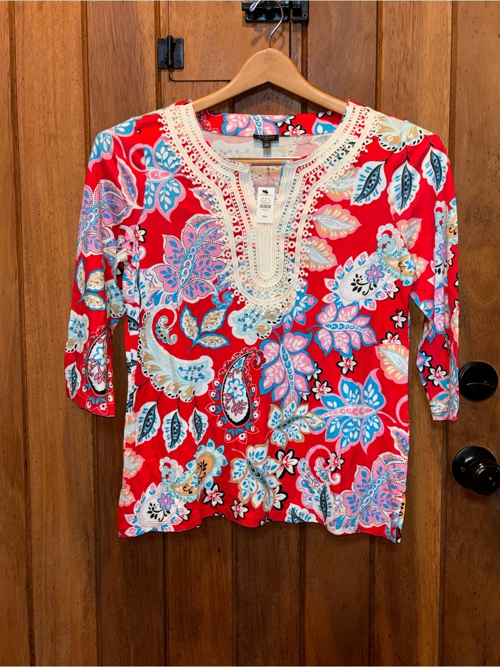Talbot’s Bright Red Floral Embroidered Split-Neck Women's Top